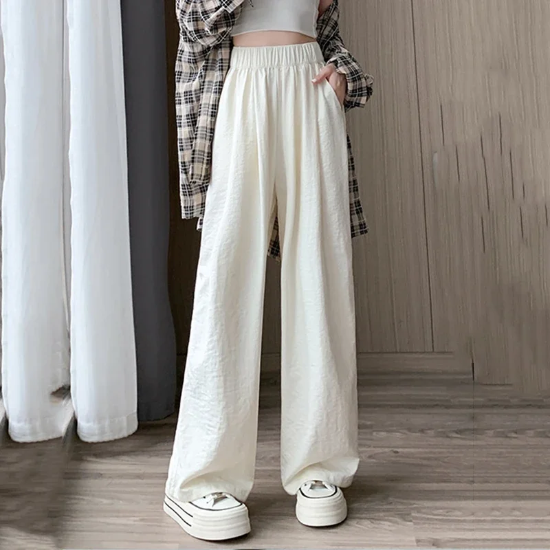 Pantalones de pierna ancha rectos suaves de Color liso para Mujer, pantalones holgados coreanos elegantes con cintura elástica, pantalones largos holgados que combinan con todo para Mujer