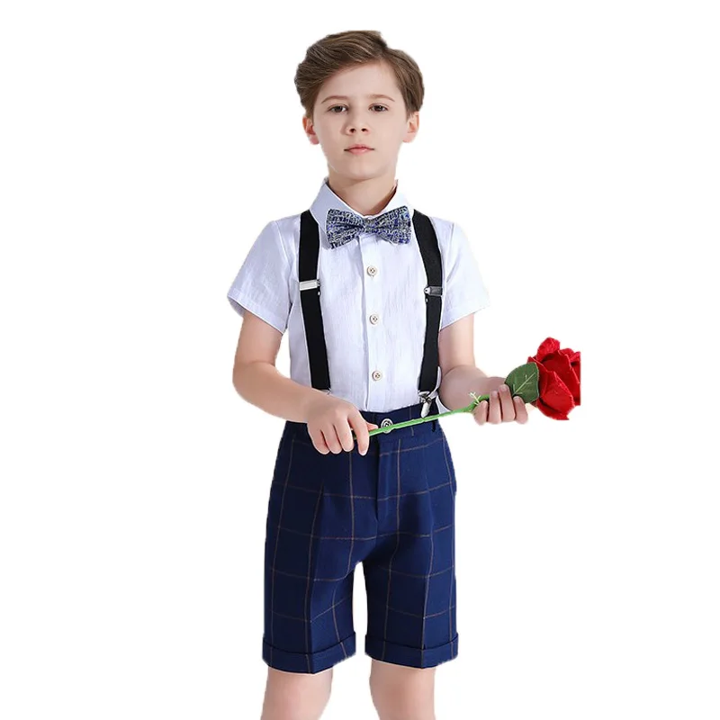 

Boys Summer Wedding Suit Kids Shirt Suspender Short Bowtie 4PCS Photograph Set School Children Fromal Graduation Party Costume