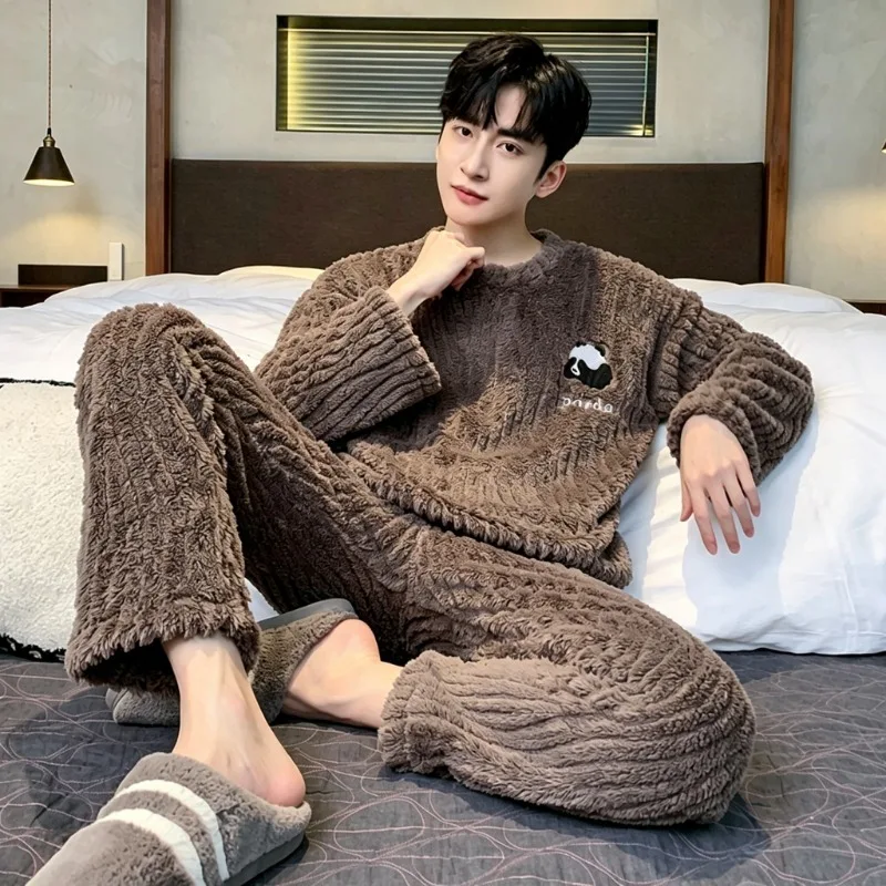 Men 2Pieces Winter Plush Home Outfit Crew Neck Graphic Print Long‑Sleeve Soft Warm Casual Sleep Loungewear For Indoor Daily Rest