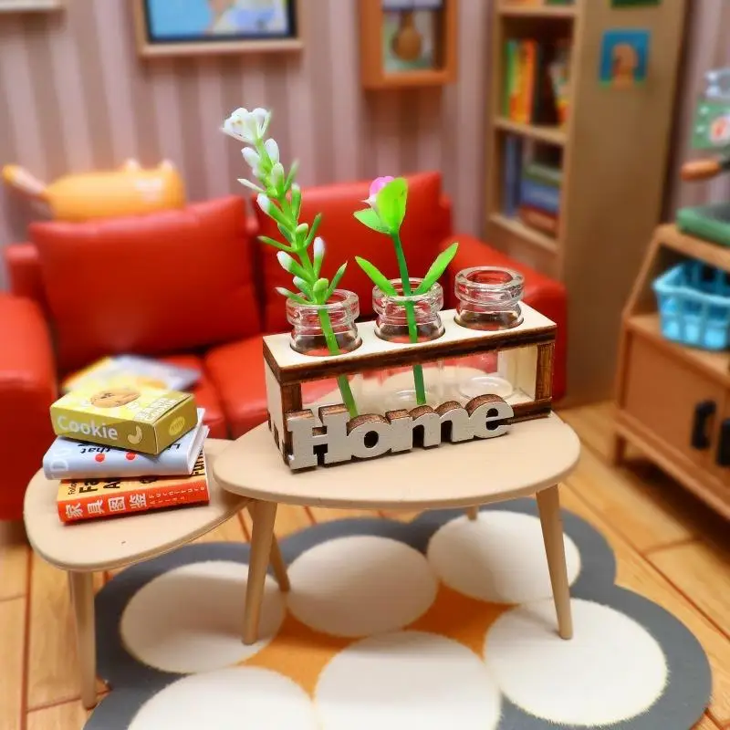 1Pcs Small Glass Rose Vase Model 1:12 Scale Dollhouse Mini Wooden Hydroponic Flower Stand Creative Home Garden Decor Plaything