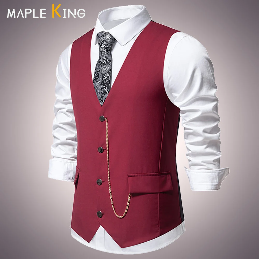 

Western Vest for Men Suit Chaleco Elegante Hombre V-neck Chain Matching Business Social Party Dress Mens Waistcoat Vest Tops