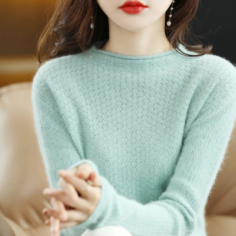 

Autumn Winter 100% Mink Cashmere O-neck Sweater Women Hollow Out Long Sleeve Top Fashion Knit Female Basic Warm Pullover Jumper