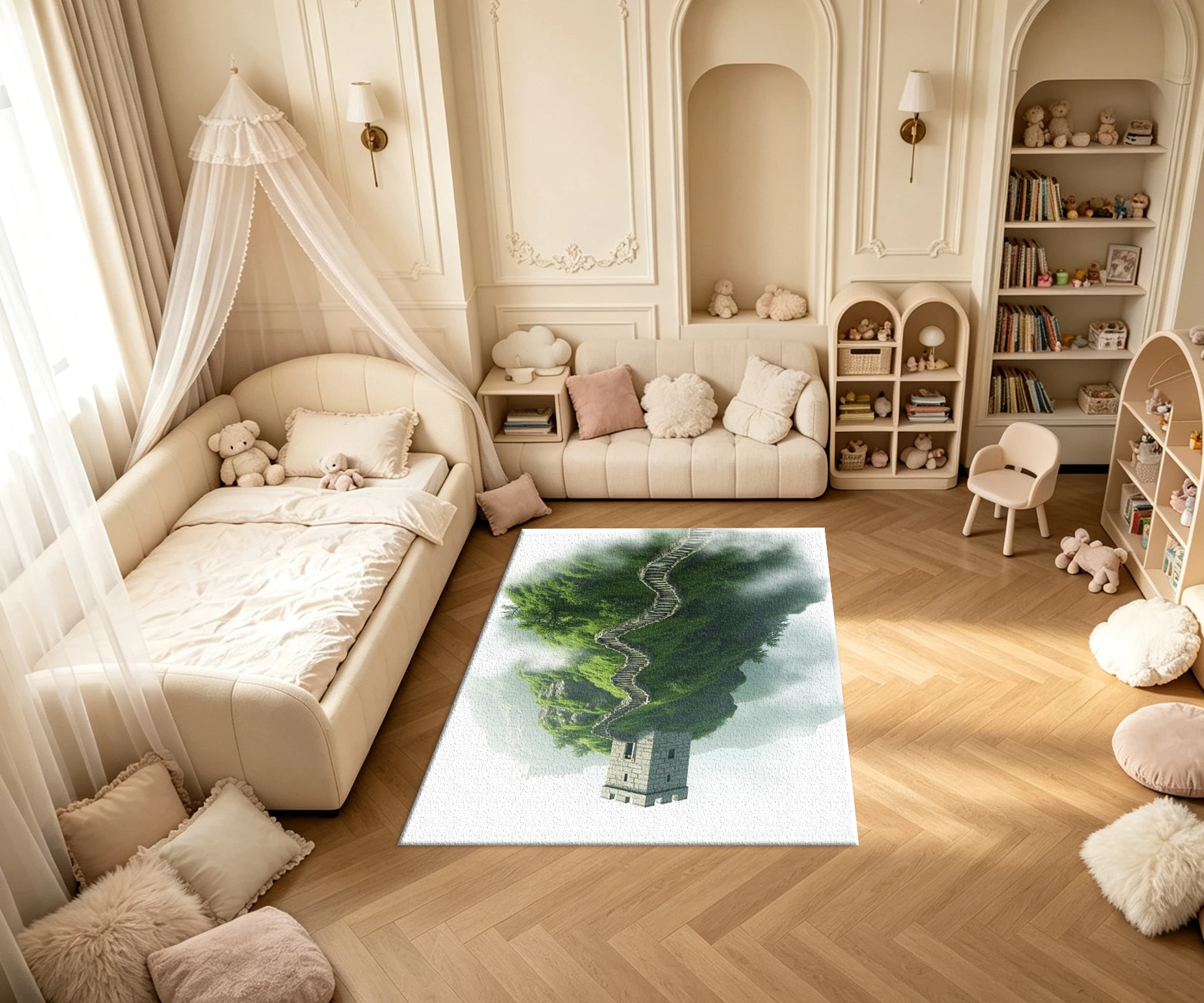 Misty Foggy Great Wall Mountain Landscape Carpet Flooring Green Nature Scenery Art Printed Square Area Rug for Home Wall Floor Ornament