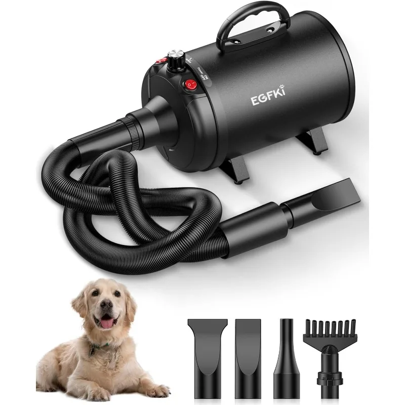 

Dog Dryer, 5.2HP/ 3800W Pet Grooming High Velocity Force Blower with 4 Nozzles, Adjustable Speed and Temperature