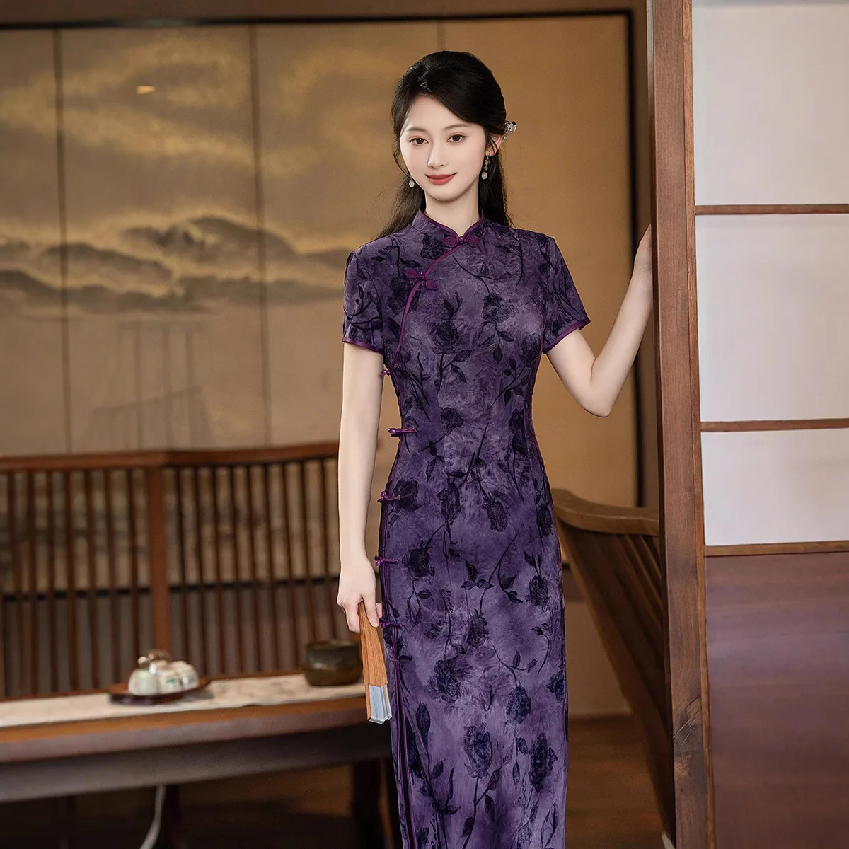 

Vintage Short Sleeve Flocking Long Cheongsam Women Sexy Slim Split Qipao Classic Chinese Traditional Evening Party Dress