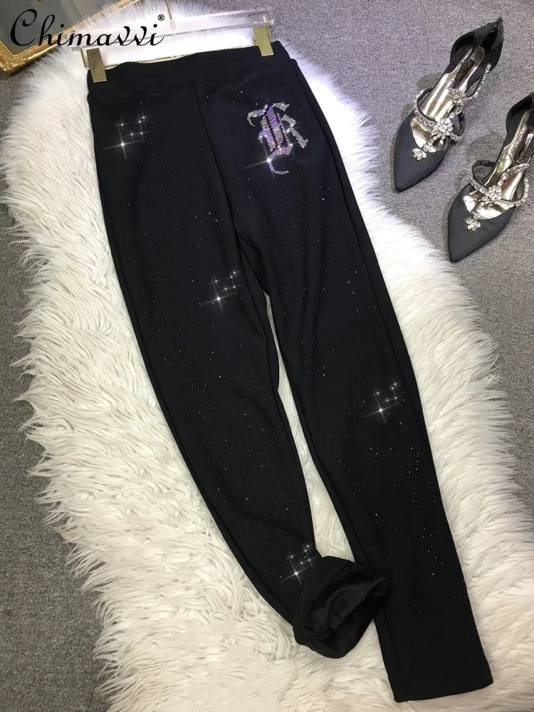 

Fleece-lined Thick Leggings Women's Heavy Embroidery Hot Drilling High Waist Black Tight Pants Autumn Winter Tappered Pants