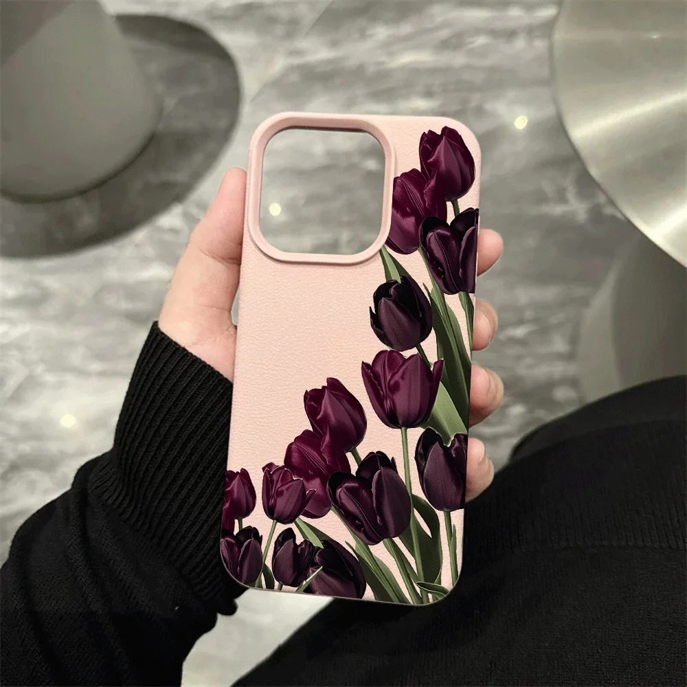 Dunkelviolette Tulpen-Handyhülle für iPhone 17 16 15 14 13 12 11 Pro Max 16 15 14 Plus 17 16 15 Pro 17Air XR XS Silikon-Matt-Abdeckung – Detail 7