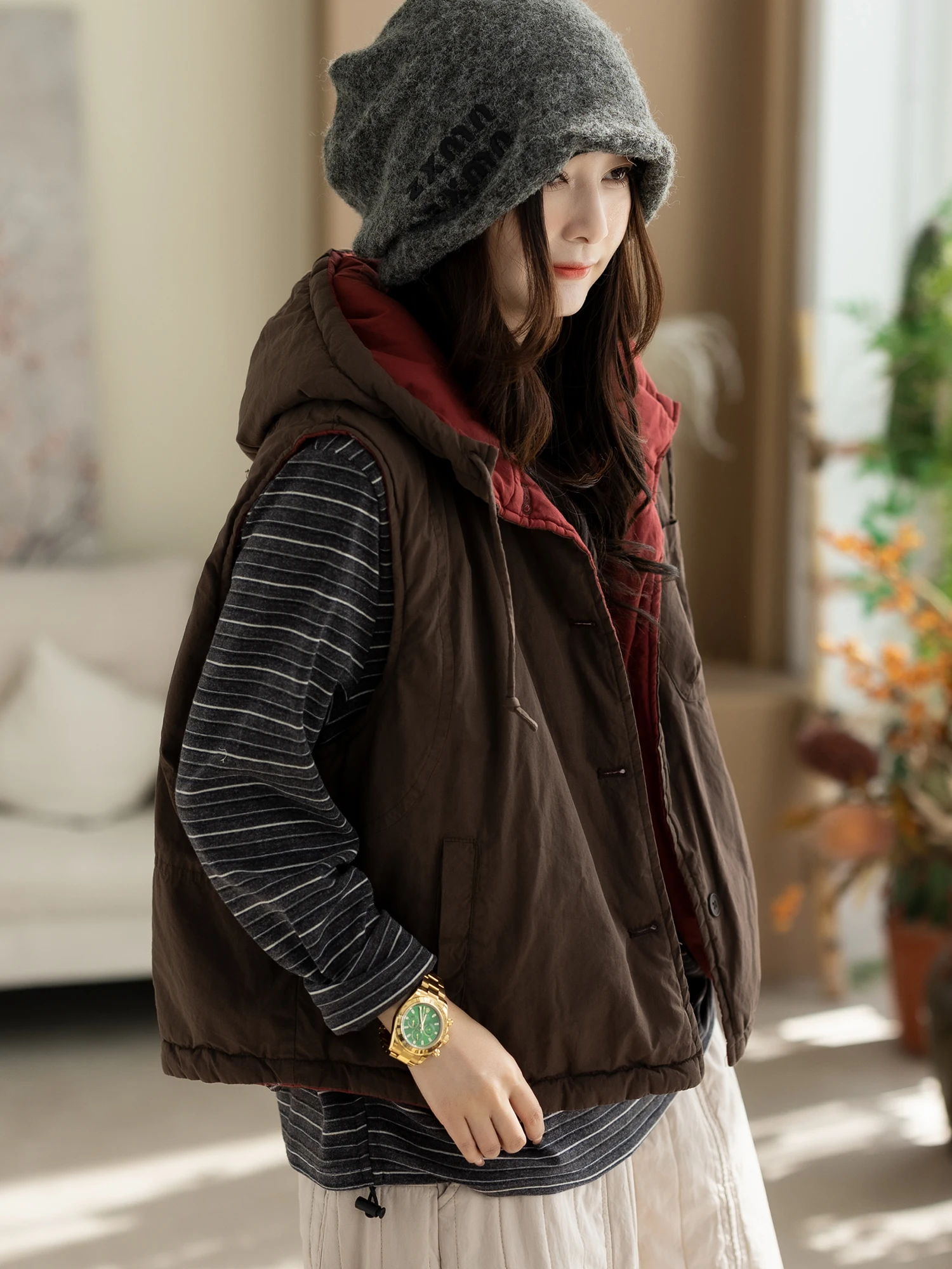

Cotton Hooded Vest Women's Casual Commute Sle Faionable Autumn Winter New Arrival Women's Jaet Svel Coat
