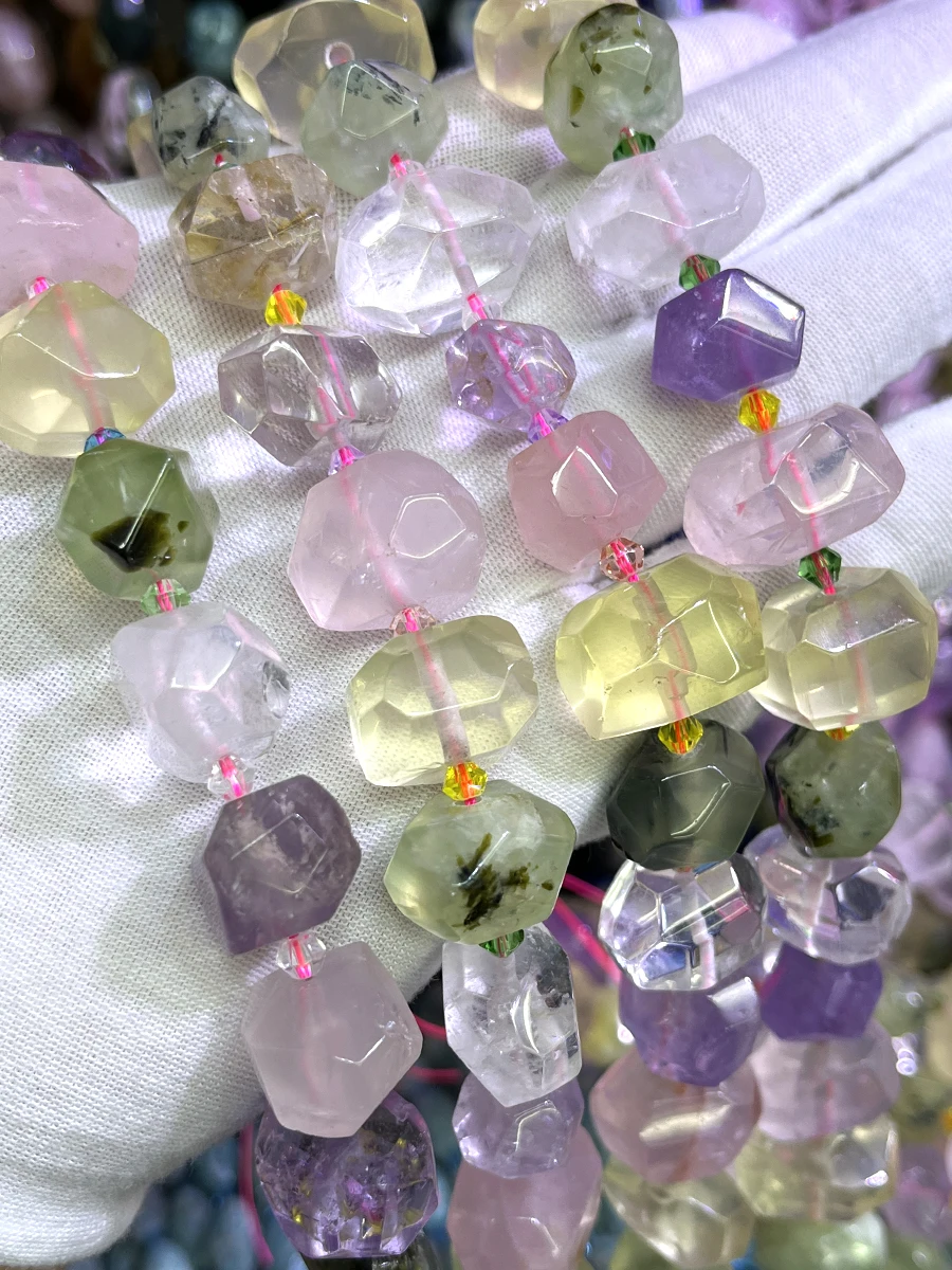 Natural Pink Lemon Crystal Prehnite Handmade Irregular Irregular Faceted Loose For Jewelry Making DIY Necklace Bracelet 15''