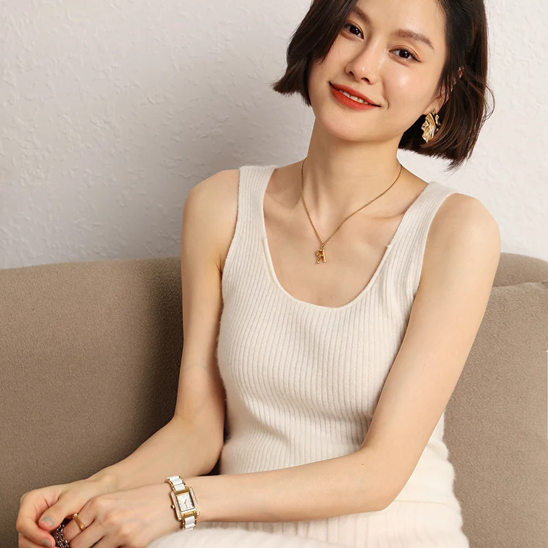 

U-Neck V-Neck Cashmere Vest For Women's Solid Color Slim Fit Luxury Sleeveless High-Quality Wool Knitted Shoulder Strap Top