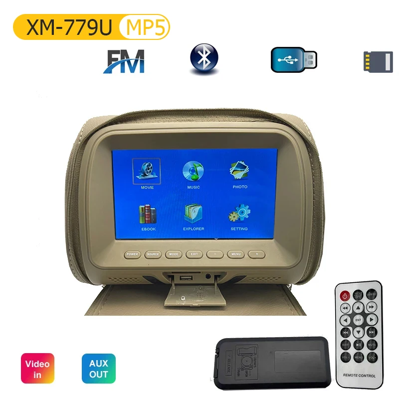 Universal Car Headrest Monitor 7inch LCD Screen Rear Seat Pillow For MP4 MP5 DVD Player Support AV/USB/SD/FM/Headphone/Bluetooth