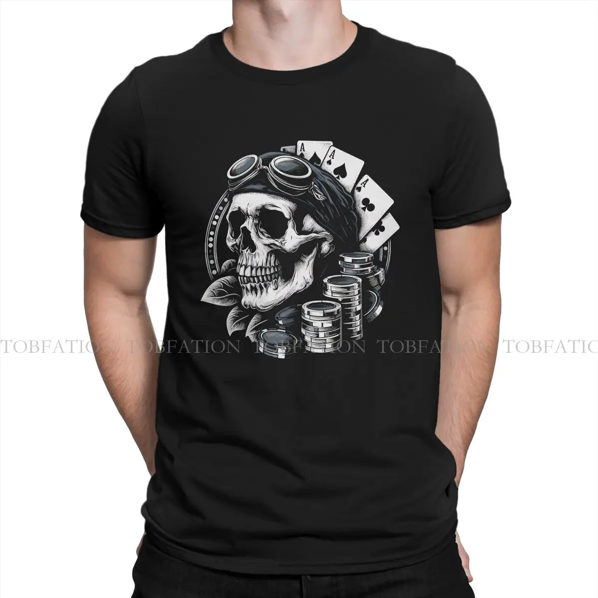 Poker Creative TShirt for Men Poker skull Classic Round Neck Pure Cotton T Shirt Personalize Birthday Gifts OutdoorWear