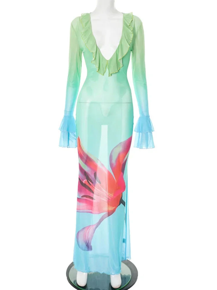 Mesh See Through Print Sexy Maxi Dress Women Fashion Gradient Color Deep V Neck Long Sleeve Printed Long Dresses Female
