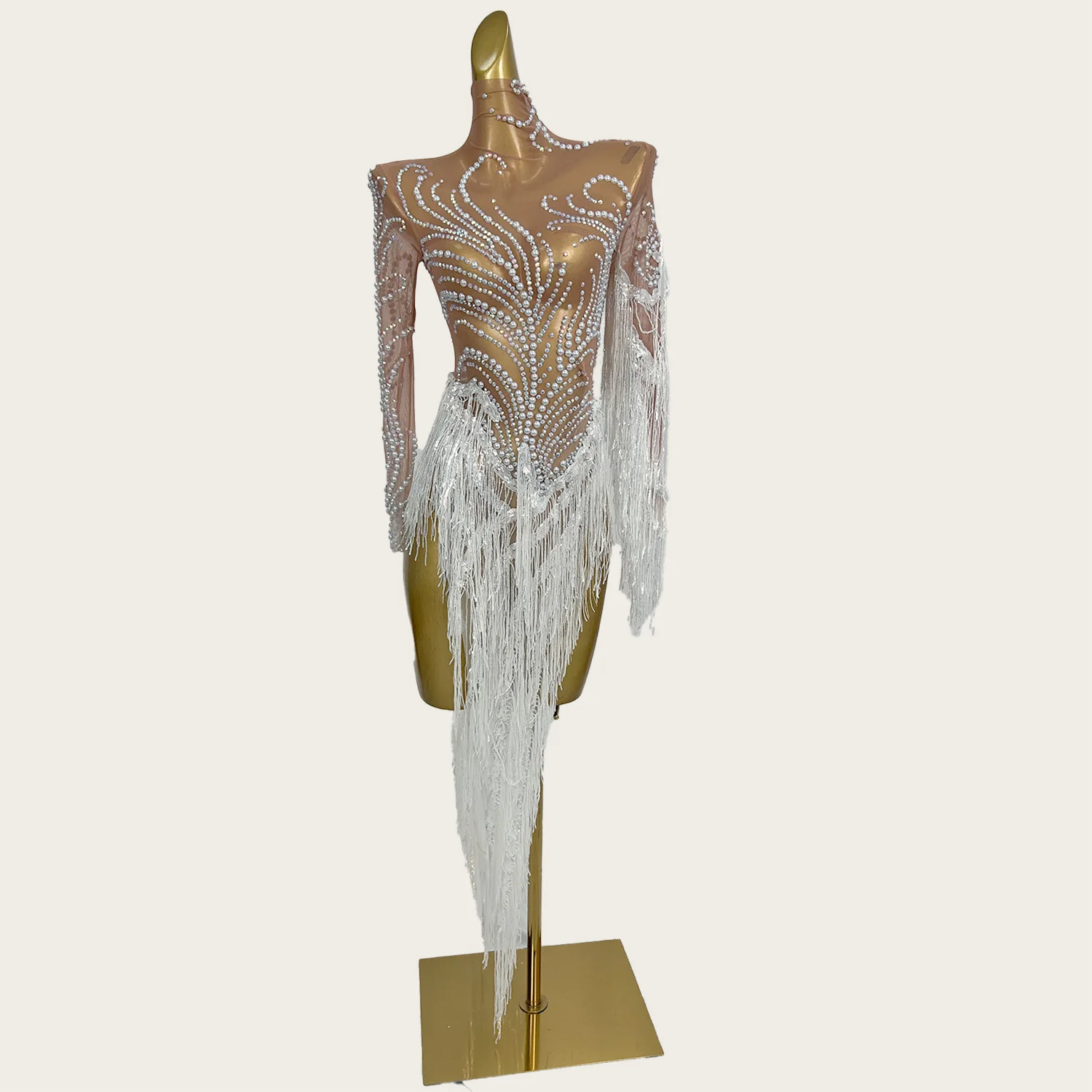 

Fumao Sexy Women Latin Dance Show Wear See Through Mesh Sequins Tassel Dress Sparkly Rhinestone Pearls Stage Performance Outfit