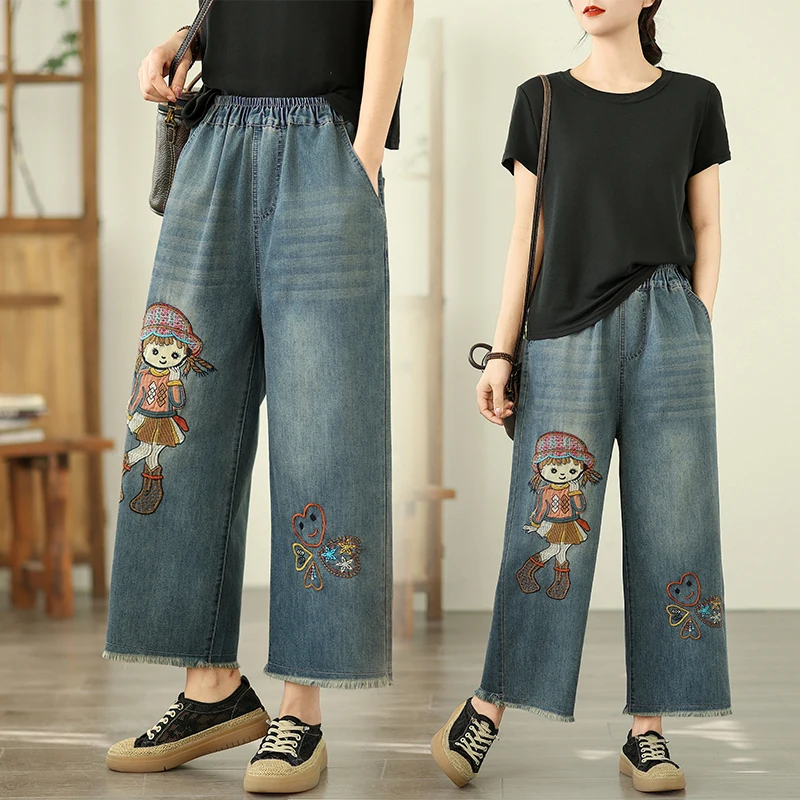 

plus Size Women's Faion Cartoon Embroidered Denim Wide Leg Pants Summer Distred Straight Leg Frayed Nine Point Trendy