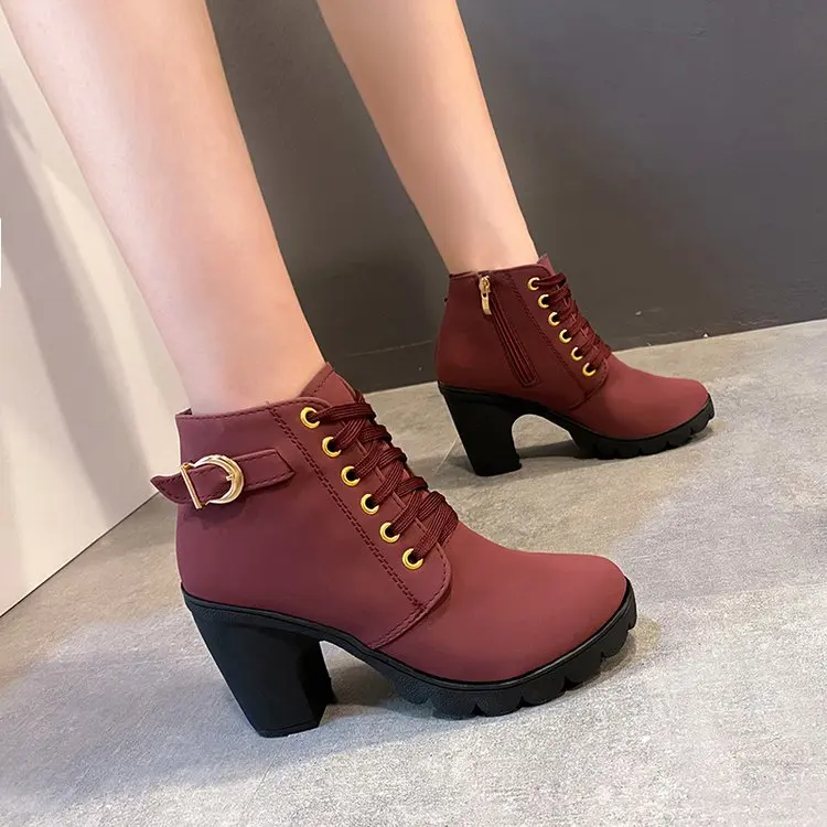 Women Autumn Winter Ankle Boots Classic British Style Leather Lace-up Fashion Short Boots Green Round Toe Botas Mujer