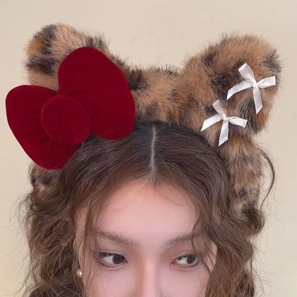

Fashion Leopard Print Cat Ear Headband Bow Portable Cute Headhoop Lightweight Hairband Women Girl