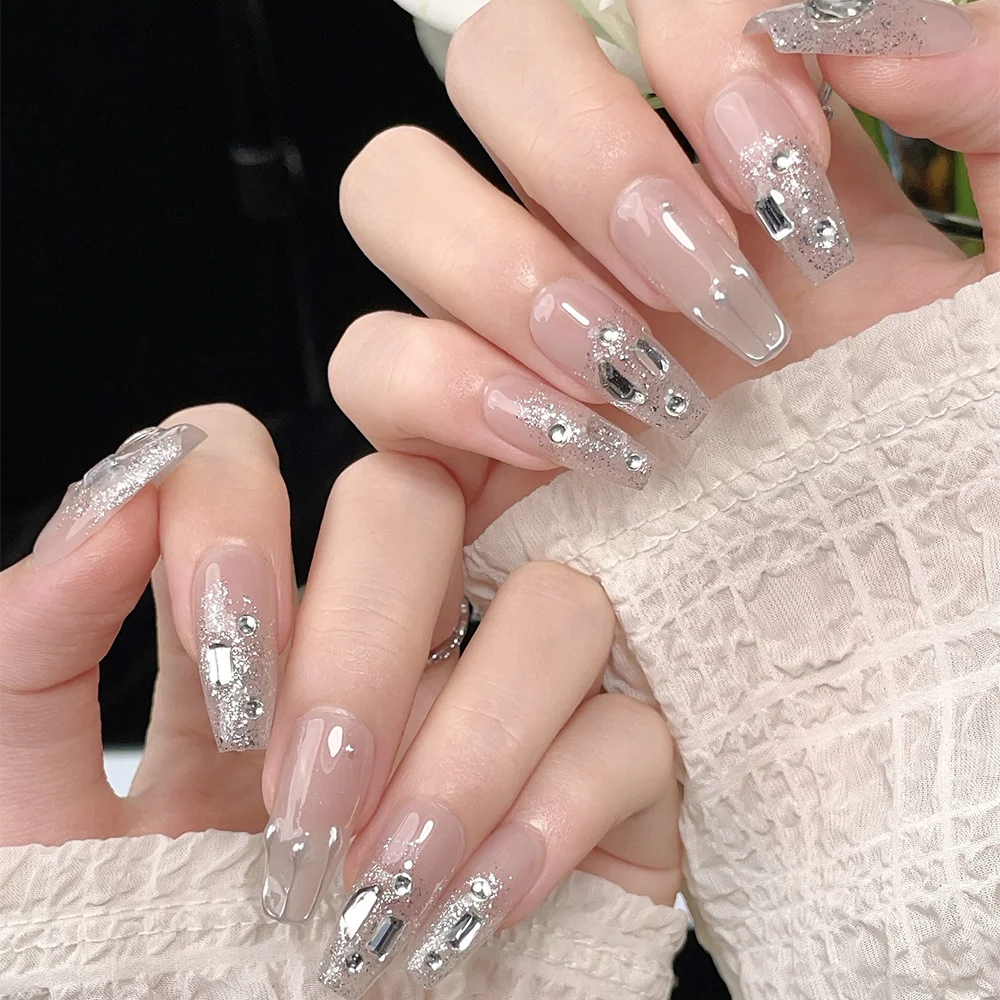 （Handmade Manicures)10PCS Mid-length Trapezoidal Ice Sheer Nude Color Pure Lust Full of Diamond Bursting Hand-painted Fake Nails