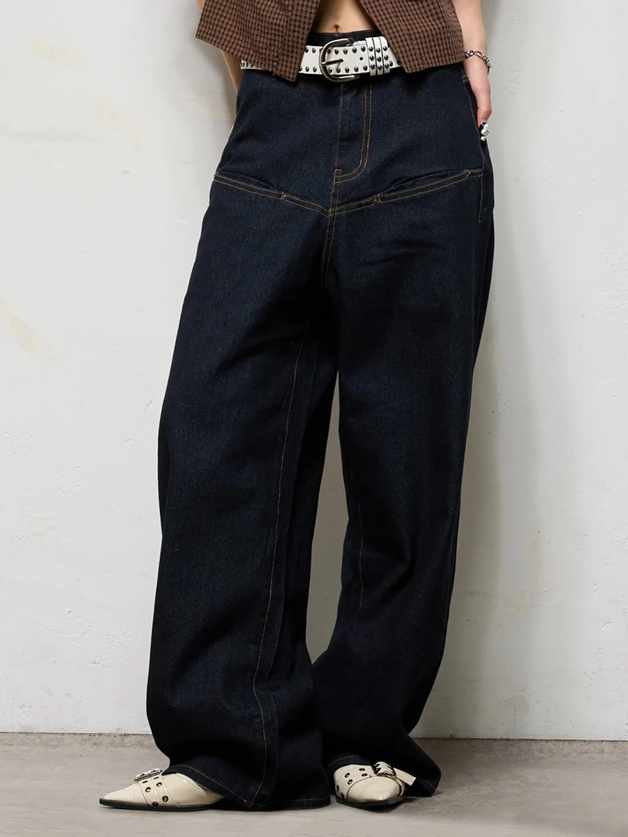 REDDACHiC Jeans de barril azul marino para mujer Unisex calle Retro suelto sólido Casual pierna ancha pantalones vaqueros de cintura baja uso diario