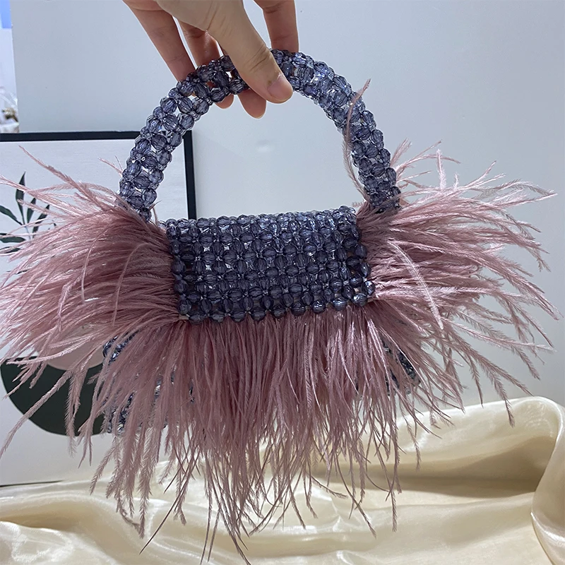 High Quality Feather Decoration Women\'s Bag Customized Female Designer Handmade Beaded Handbag Luxurious Party Banquet Bags