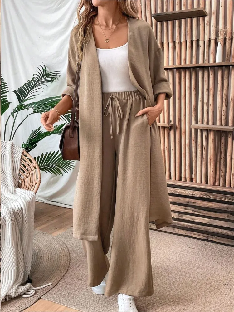 

New 2025 Spring Autumn Long Cardigan Solid Color Loose Top + Drawstring Wide-leg Two Piece Set Women's Casual Pocket Suit