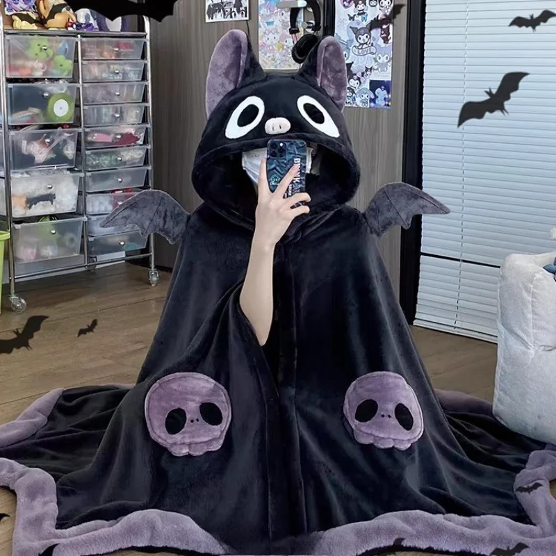Cute Cartoon Little Bat Hooded Wearable Blanket Soft Coral Fleece Shawl Cape Nap Nightgown Ideal Holiday Gift Girls Lovers
