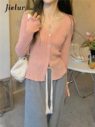 Jielur Autumn New Solid Color Slim Cardigan Woman Sweet Ladies Elegant Women's Cardigan Pink Oat Grey Black Street Cardigan