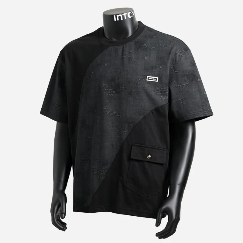 Men's Jacquard Patchwork Round Neck T-Shirt 2026 Unique Design American Style Loose Summer New Short Sleeve Casual