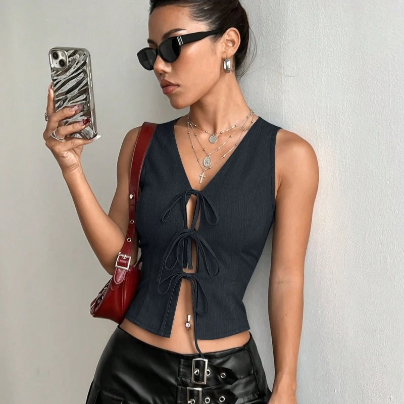 Autumn New Product V-neck Vest with Drawstring Women's Slimming Look Sleeveless Short Top Suitable Commuting Going Gatherings