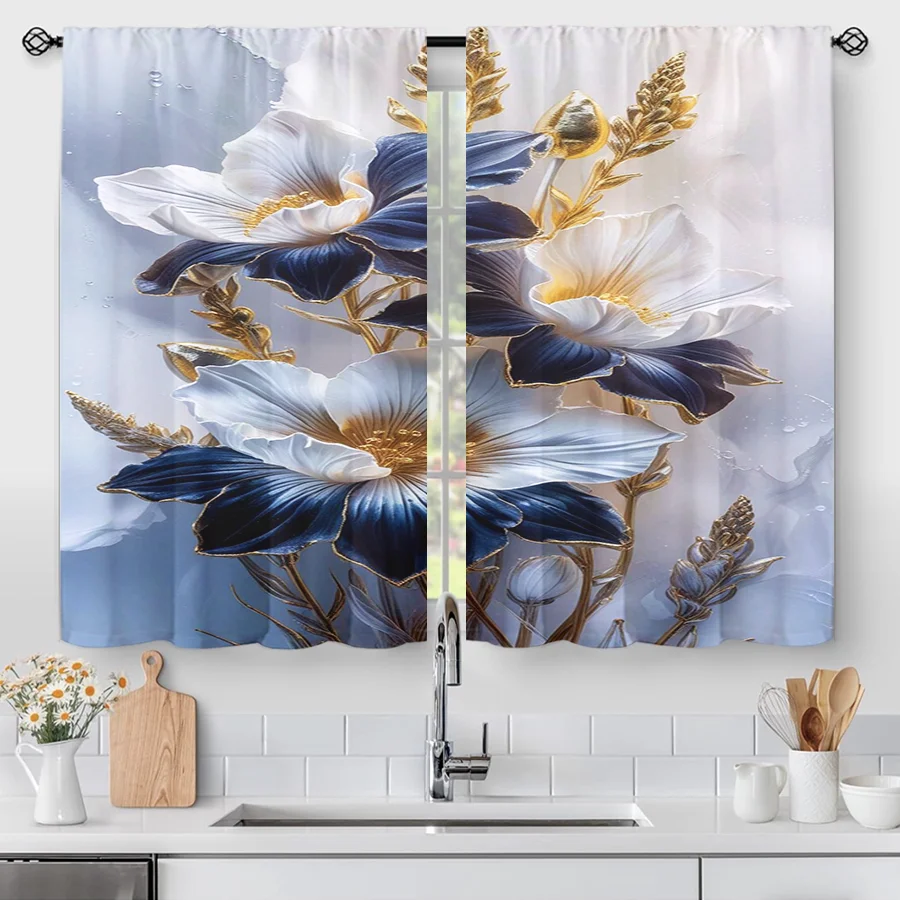 2PCS Blue Gold Flower Print Curtains, Luxury Large Floral Water Droplet Window Drapes for Bedroom Living Room Decor