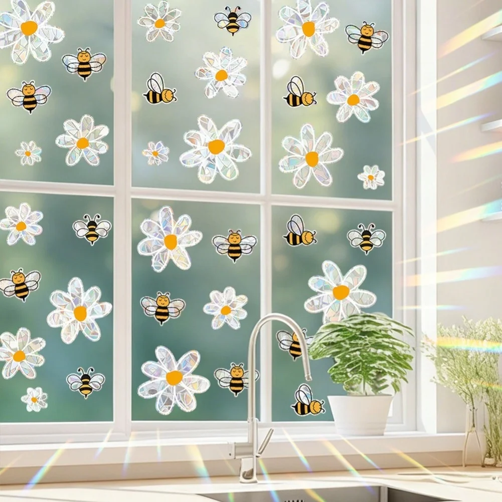 Floral Bee Spring Theme Window Cling Decal PVC Material Static Adhesion for Glass Mirror Smooth Surfaces 20x30 4 pieces