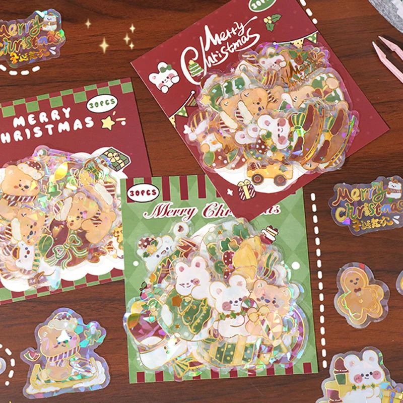 30 แผ่นการ์ตูนน่ารักสติกเกอร์ตกแต่งคริสต์มาสแฟชั่น DIY โทรศัพท์มือถือถ้วยน้ําสติกเกอร์ตกแต่งของขวัญ