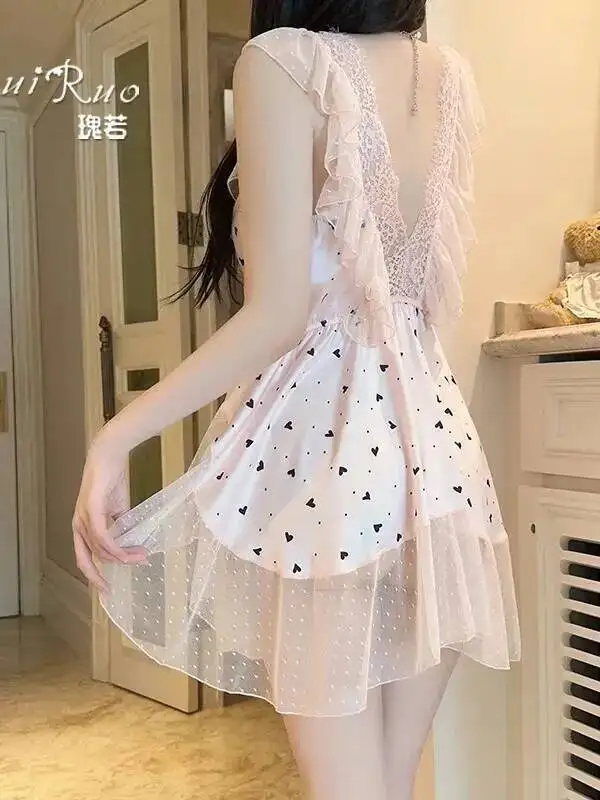 Robe de nuit en soie glacée lisse, gracieuse, légère, tentation de luxe, maille à pois, Sexy, décolleté en V profond, coupe basse, dos nu, élégante, 8x4w