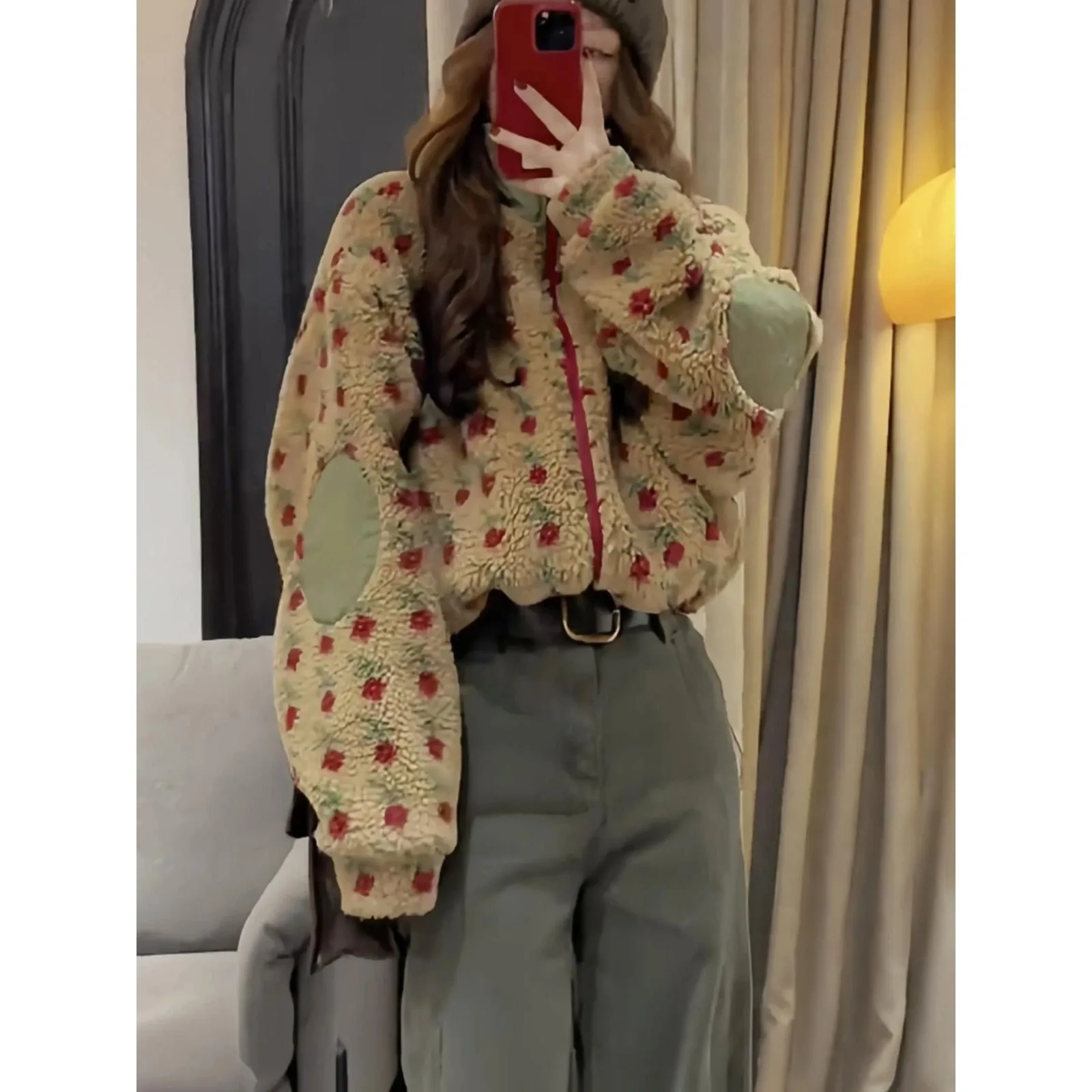 

Stylish Short Lamb Fur Jacket High Collar Women's Casual Style Polyester Fiber Autumn Winter New Lazy Trend Zipper Top