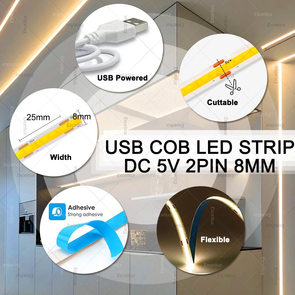 DC5V COB LED شرائط مصباح مع USB بالطاقة 320LED/م شريط مرن الشريط الدافئ الأبيض/الأبيض الطبيعي COB شرائط ضوء DIY الخلفية