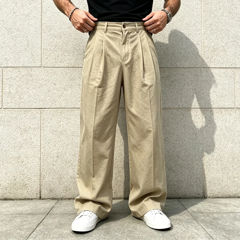 Men High Waist Pleated Linen Pants Wide Leg Loose Straight Casual Trousers Breathable Summer Streetwear Daily Office For Men