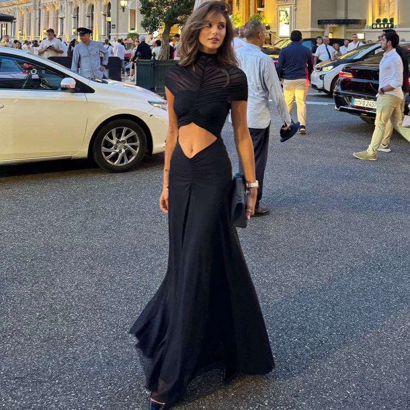 Vestido largo ajustado para chica, Top corto plisado, nueva moda europea y americana