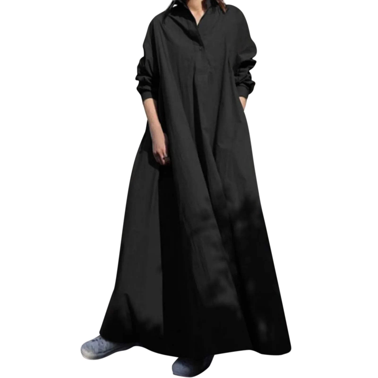 Solid Maxi Shirt Dress for Women Summer Autumn Casual Turndown Neck Loose Oversized Long Dress Ladies Cotton Boho Tunic Dress