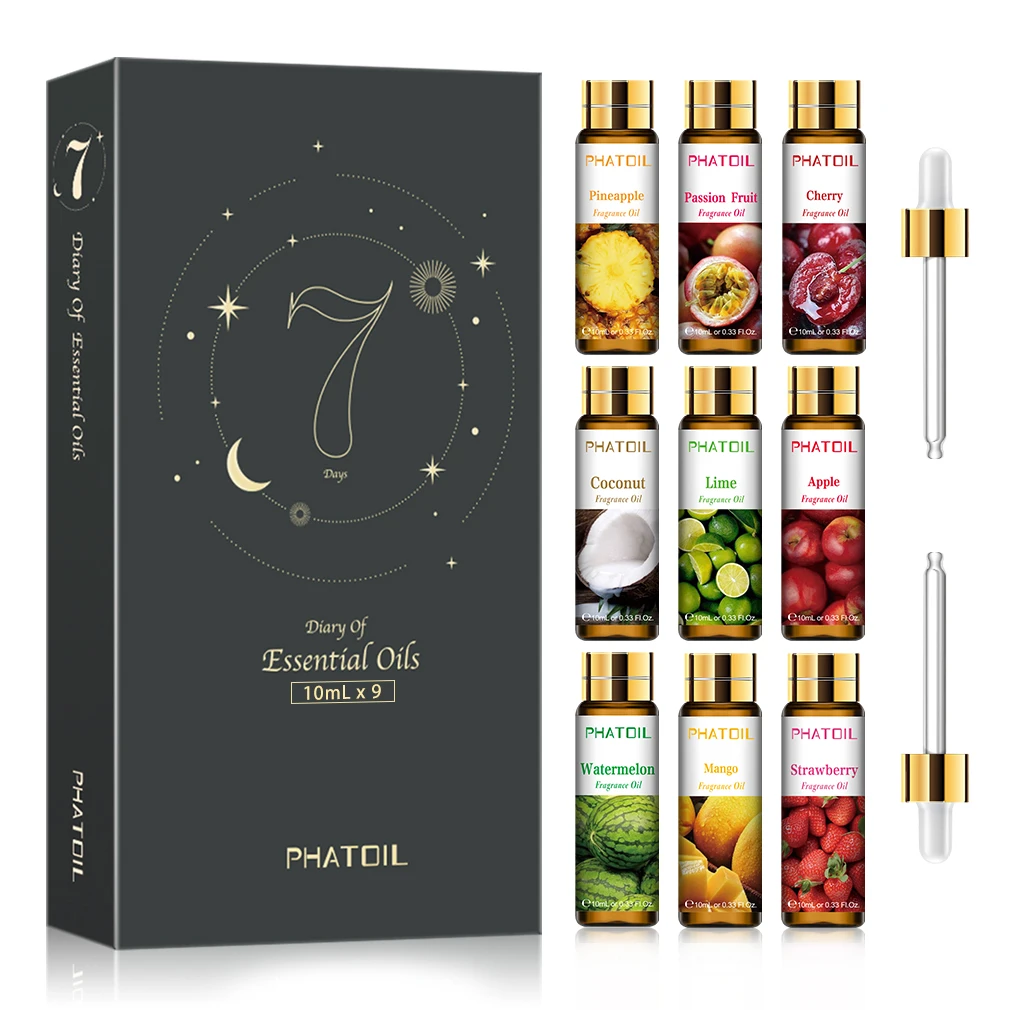 Phatil-フレグランスオイルセット,10ml,果物,イチゴ,スイカ,チェリー,ココナッツ,パイナップル,キャンドル,石鹸,ディフューザー用,9個