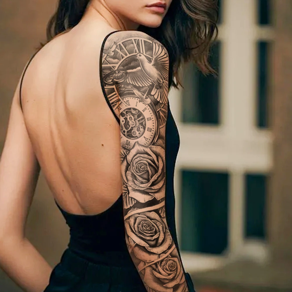 Large Full Arm Sleeve Waterproof Temporary Tattoo Sticker Clock Rose Flower Dove Bird Totem Fake Tatoo Body Art Men Women Leg