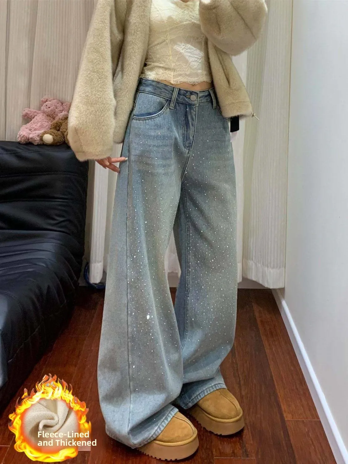 

Thickened Fleece High Waist Straight Leg Jeans Women's Winter plus Size Diamond Design Loose Wide Leg Pants Slimming Effect