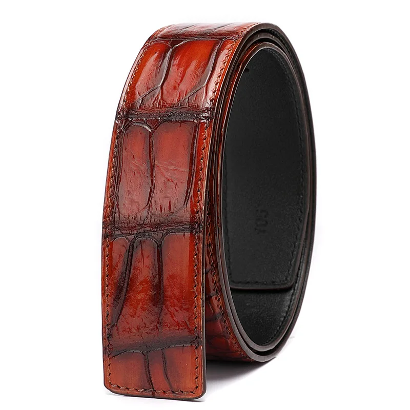 Mens belts, Natural crocodile skin No Buckle Belt Hand drawn coloring Plate buckle Belt genuine leather belt for men