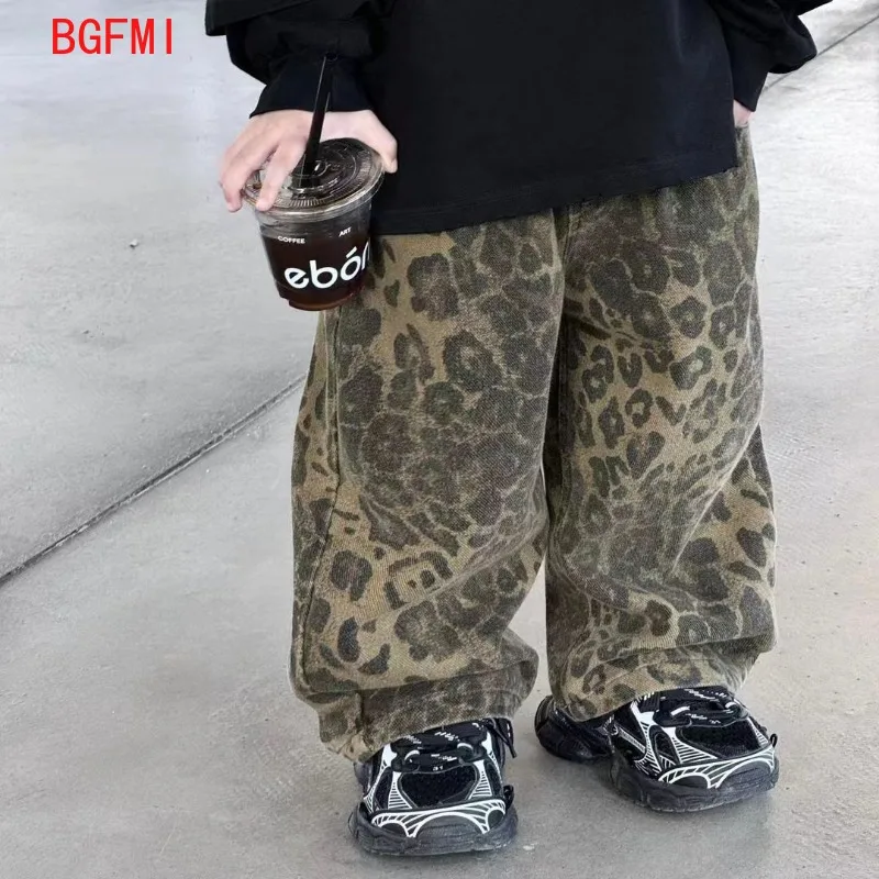 Boys 2024 Spring Autumn New Korean Children\'s Black Letter Sweatshirt + Leopard Vintage Denim Loose Pants Children\'s Fashion Set