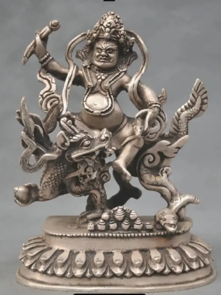 Metal bronze statue Tibetan silver 14cm Tibetan Buddhism The White God of Wealth a lotus blossom Dragon Subduing Heavenly God