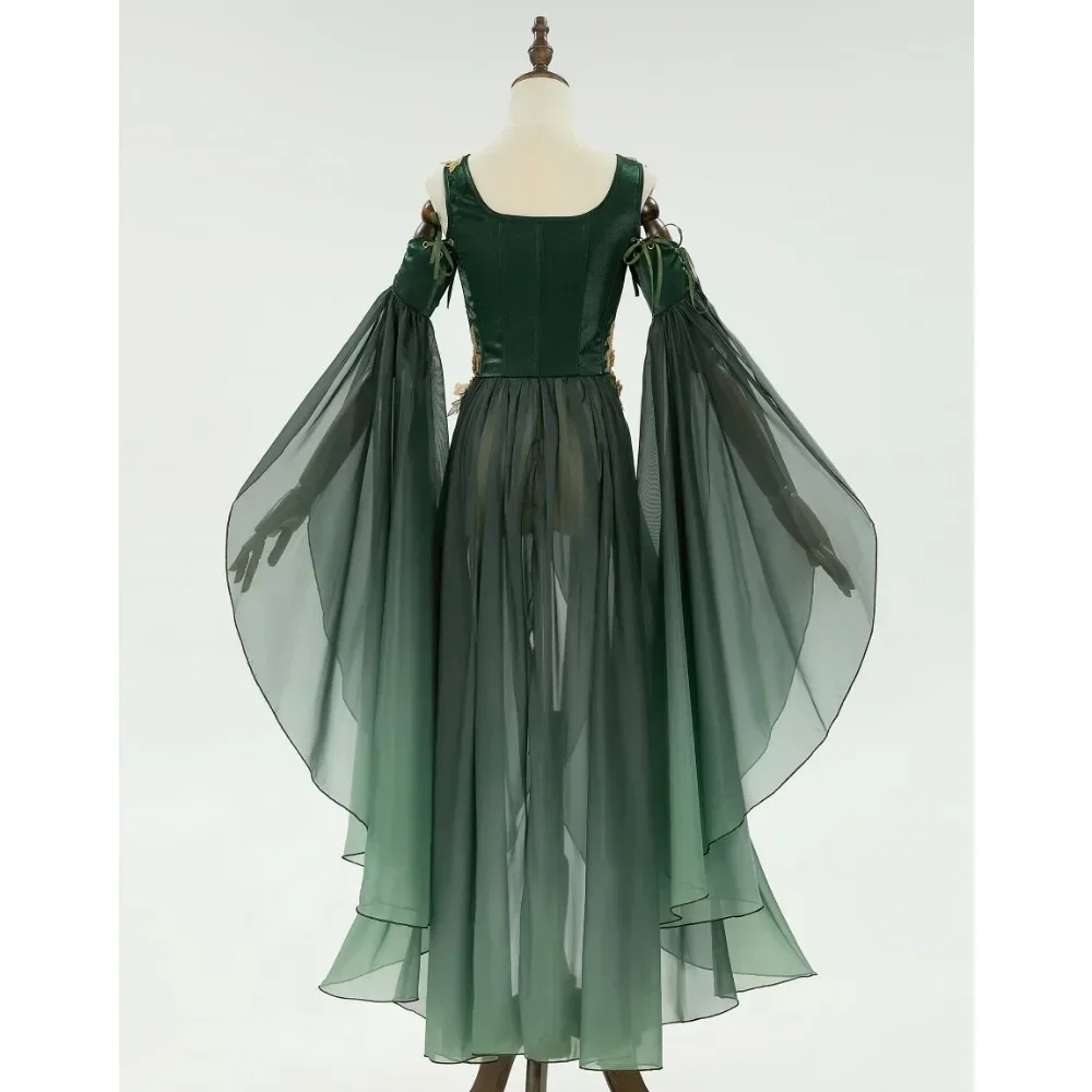 Daizbella Dames Middeleeuwse Renaissance Kostuum Elf Stijl Alleen Groene Jurk Met Mouwen Cosplay Kostuum Voor Halloween