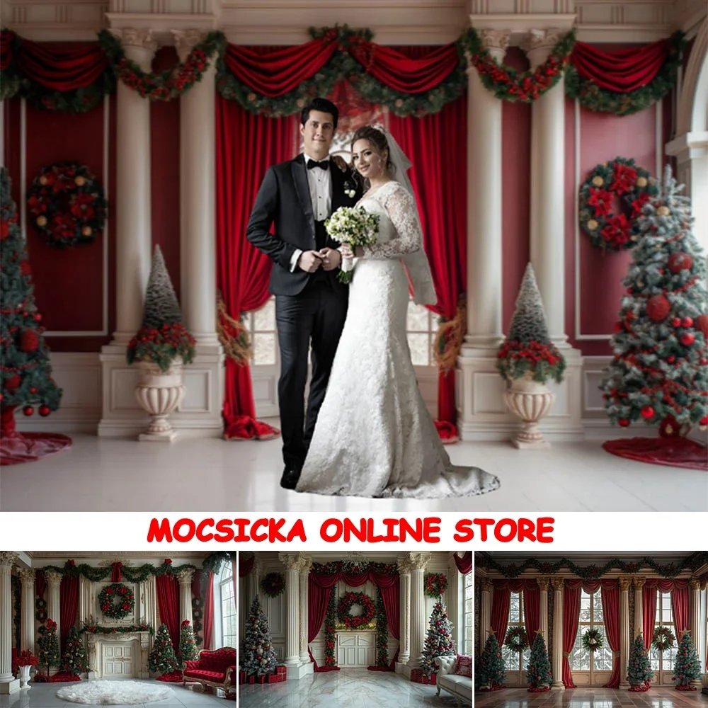 

Mocsicka Photography Background European Castle Interior Christmas Decoration Red Curtain Wreath Adult Portrait Photo Backdrops