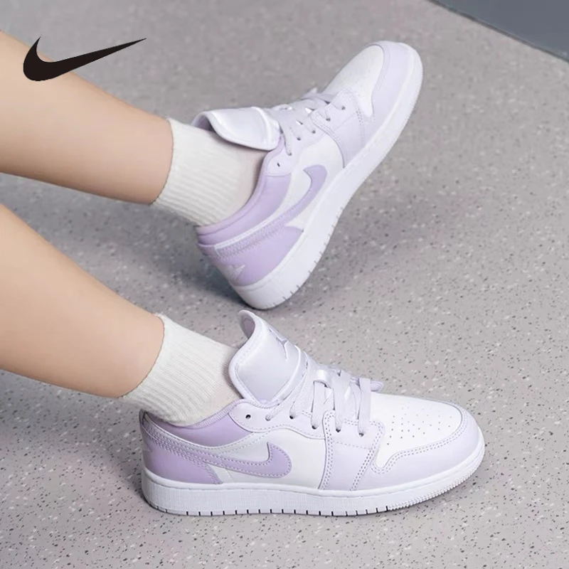 Zapatillas Jordan 1 Low White Purple GS Retro para mujeres y niñas, calzado deportivo informal para exteriores, calzado deportivo de baloncesto 553560-502