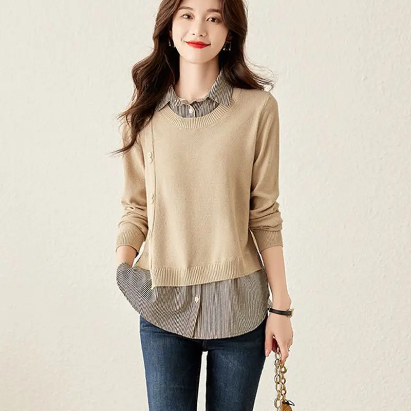 Fake Two Knitted Shirt Collar Splicing Casual Loose Women's Spring and Autumn New Solid Color Long Sleeve Minimalist Casual Top