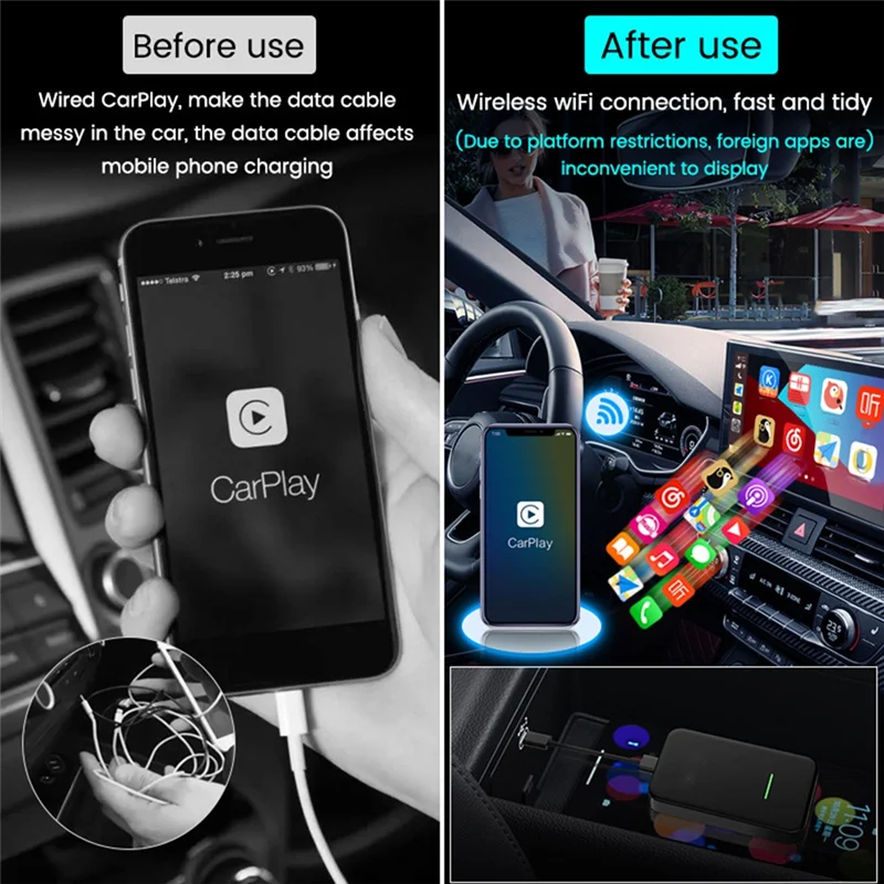 Wireless Carplay อะแดปเตอร์แบบพกพารถเชื่อมต่อระหว่างกันรถนําทางสมาร์ทกล่องสําหรับ Apple Wireless Carplay Dongle