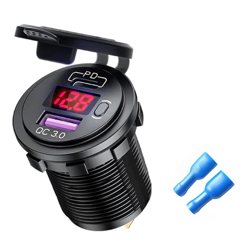 12V USB Car Charger Socket with Digital Display QC3.0 and PD Waterproof Power Outlet for Car RV Truck